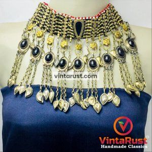 Tribal Choker Necklace With Dangling Tassels and Black Stones, Handmade Choker